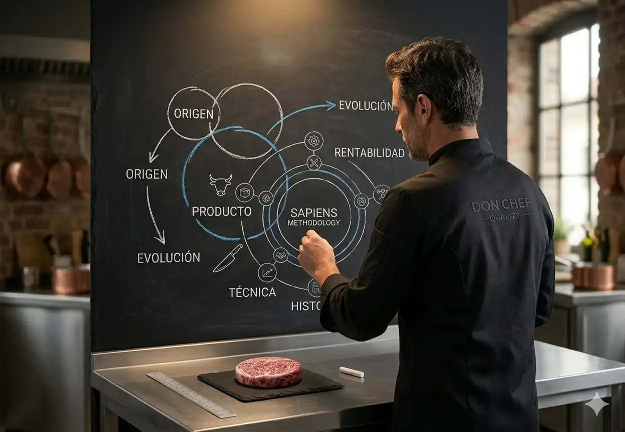 Chef profesional Don Chef Quality dibujando diagrama conceptual de Sapiens Methodology en una pizarra de tiza en su cocina laboratorio culinario