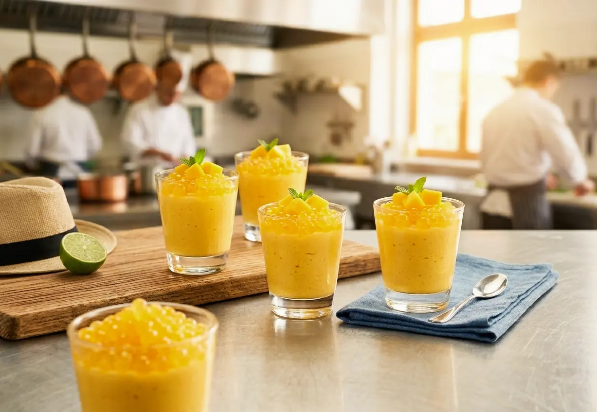Receta del mosse de mango con esferas