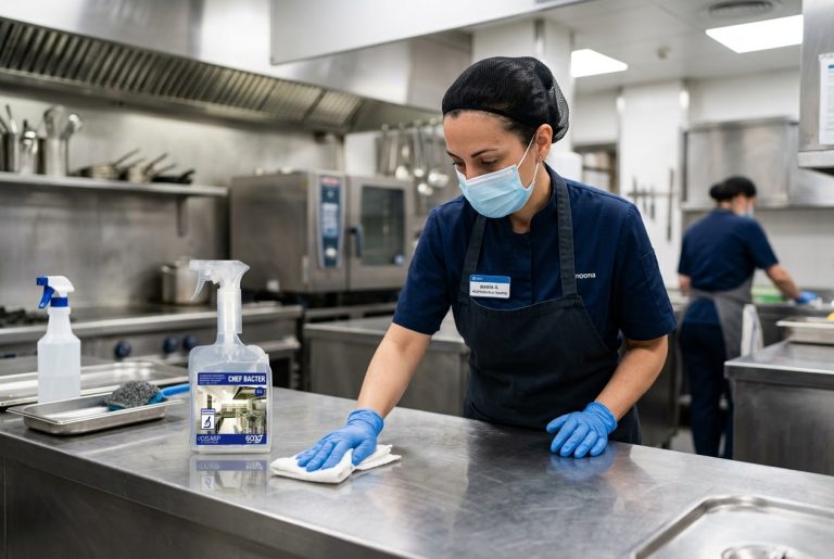 Profesional aplicando un producto de higiene alimentaria con Registro HA en una cocina profesional
