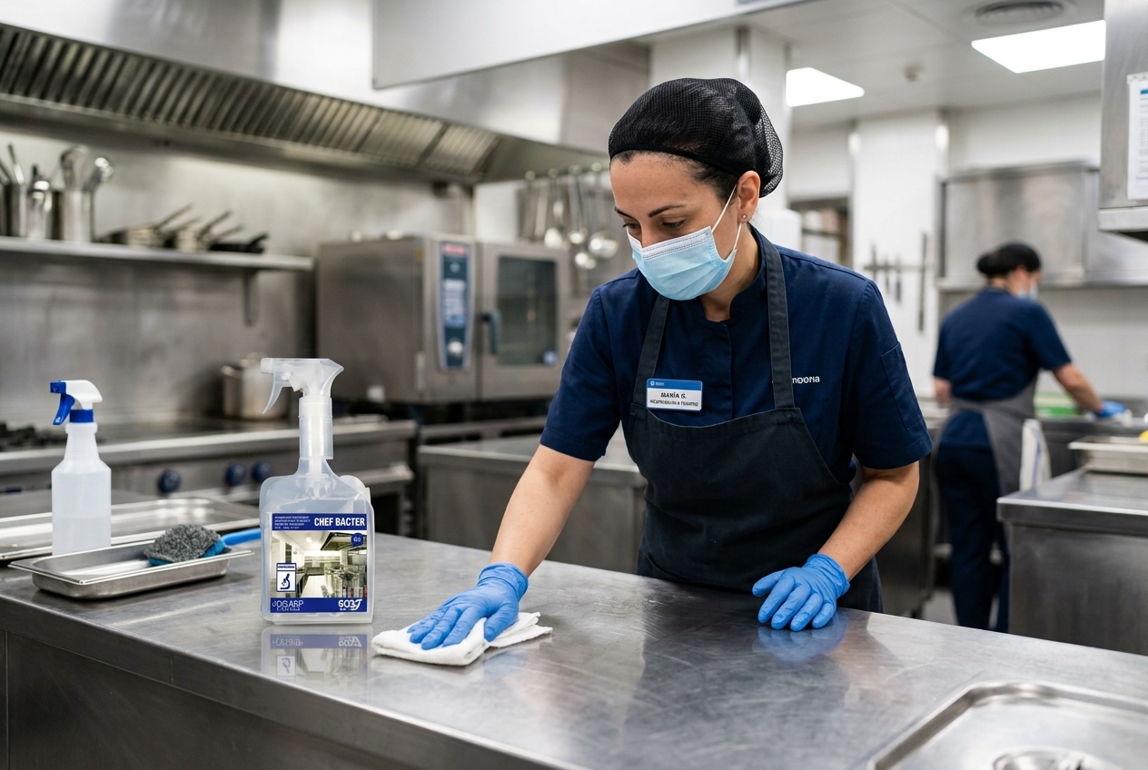 Profesional aplicando un producto de higiene alimentaria con Registro HA en una cocina profesional